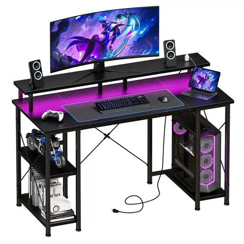 48-in Durable RGB Gaming Desk - Commercial Office Furniture with X-Bar Stability, 3 Outlets + USB, RGB Lights, Dual Monitor Riser, Storage Shelves, CPU Stand, App Control, Posture Support for Multi-Monitor Computer Desk Workstations