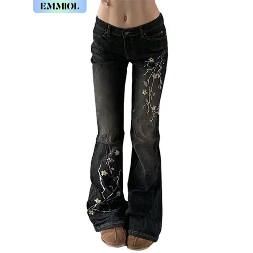 Emmiol Women’s Embroidered Bell Bottom Jeans – Stretchy Flared Mid-Rise Vintage Denim, 90s Y2K Retro Jeans with Floral Embroidery, Soft Stretch Fabric, and High-Comfort Fit SohoChic
