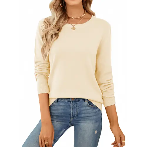 QUALFORT Buttery Soft Women’s Classic Crew Neck Long Sleeve Knitwear - Medium-Length Breathable Lightweight Business Casual Tops, Machine Washable Cold Wash Women's Clothing, All-Season Mom Gift