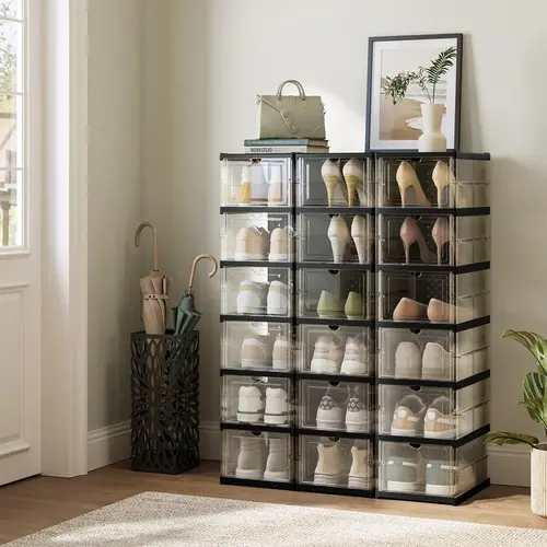 SONGMICS Sturdy Transparent PP Plastic Rectangle Shoe Boxes - Compact Closet Organization, 3-Layer Collapsible Storage Solutions, Stackable, Portable Home Organizer, Frontdoor Access, Dust-Free, Fits US Size 13