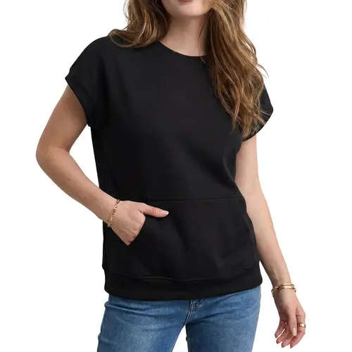 Shewin  Women's Crew Neck Cap-Sleeve Basic Minimalist Sweatshirt - Kangaroo Pocket, Ribbed Hem Casual Pullover Shortsleeve Top for Daily Outings, Women's Clothes DealsForYouDays summerwins,summeroutfits,vacationoutfits,beachoutfits Round Neck Fitted Crewn