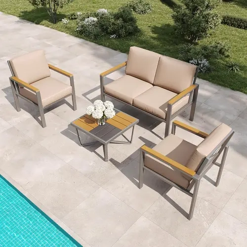 Modern 4-Seater Durable Patio Set (4-Piece Outdoor Sectional), Cushioned, Wood-Like Arms, Coffee Table, Rust-Resistant Sturdy Metal Build, Large Carrying Cap., 1-Box Assembly, for Garden, Porch, Modern Patio Set