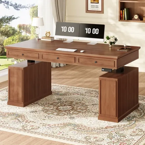 Sedeta 55.1" Farmhouse Executive Ergonomic Automatic Height-Adjustable Large Desk - Home Office Furniture, Wooden Top, 3 Drawers, Groove Front, Storage Cabinet, Power Outlets, Reinforced Legs, Workbench, Desk for Home Office, WFH Setup, Ergonomic Adjustab