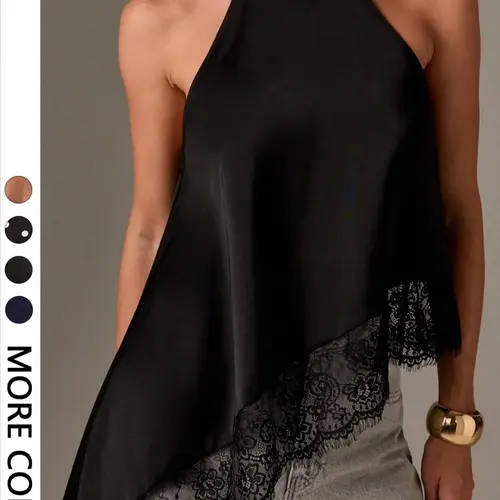 1 Piece Lace-Trimmed Halter Top | Euro-American Elegant Chic Vibe | Cold Shoulder Design + High Neck Halter | Sophisticated Pick for Holiday Nights / Formal Occasions Evening Halter Silhouette