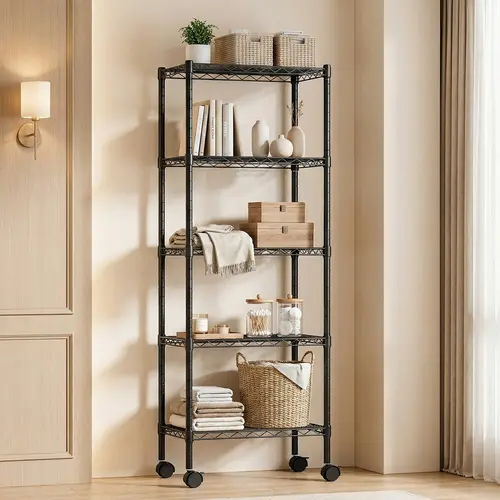 Sweetcrispy 4-Layer Heavy-Duty Adjustable Wire Shelving Rack - 24"l x14"w Modern Multi-Functional Office/Storage Organizer, 600-1000 lbs Capacity, Caster-Equipped Easy-Assembly Unit for Storage Organization, Garage Closets