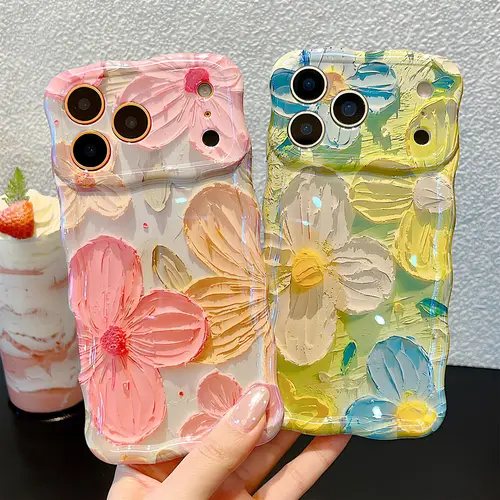 OREKROY Retro Colorful Oil Painting Floral TPU Phone Case - Casing Accessories with Curly Wave Frame, Camera Protector, Shockproof Soft Cover for iPhone 18/17/16/15/14/13/12/11 Pro Max (for Women)