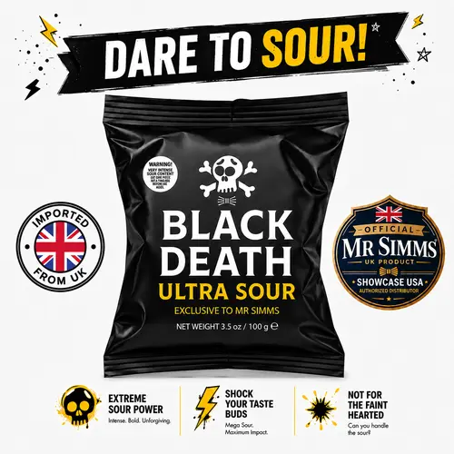 Mr Simms Black Death Ultra Sour  UK Import 3.5oz Authorized Distributor, Sharp Acidic Coating, Tangy Lemon Center, Challenge-Style Sour Food Treat Sour Hard Candy Sour Flavored Candy