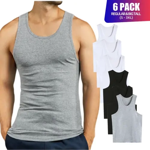 Men's 6-Pack 100% Cotton Ribbed Undershirts - Lightweight, Breathable, Sleeveless Athletic Workout Tanks for Plussize (S-3XL) Classic Fit Casual Underwear