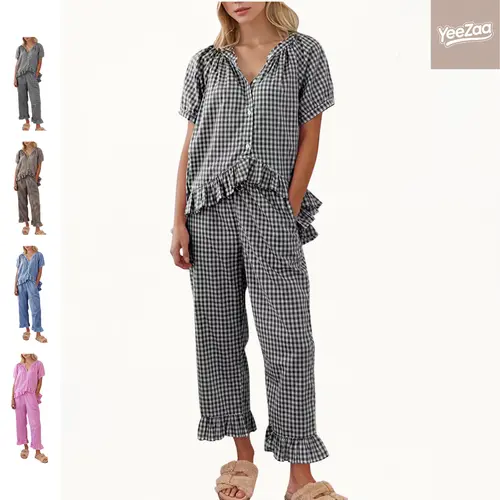 YeeZaa Gingham Pajamas Set 2 Piece for Women Plaid Sets Pjs Vintage Y2K 100% Cotton Clothes Button Down Babydoll Top with Puff Sleeves & Matching Ruffle Pants Cute Loungewear Loungewear Pjs Sleepwear Nightwear Homewear Comfort Outfit summerwins