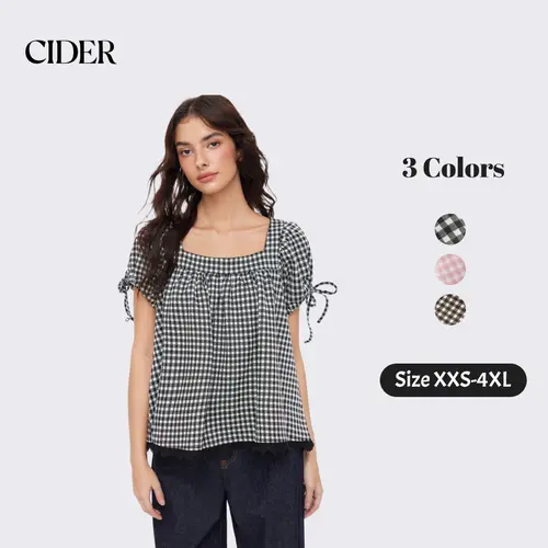 Cider Vintage Plaid Square Neck Blouse for Casual Daily, Elegant Puff Sleeve Top, Ladies Drawstring Shirt, Retro Vacation Outfits, Lady Crop Tops