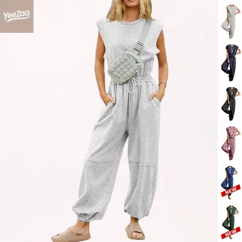 YeeZaa One Piece Jumpsuit Romper for Women Casual Crewneck Cap Sleeve Oversized Backless Jumpsuits Adjustable Drawstring Waist Wide Leg Pants Cinched Ankle Hem Cotton Blend Jumpsuit with Two Side Pockets Loungewear