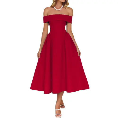 Wenrine Women's Off-The-Shoulder Sleeveless Soft Fabric A-Line Flowy Formal Evening Dress - Zipper Closure, Wedding Guest, Cocktail Party Wear