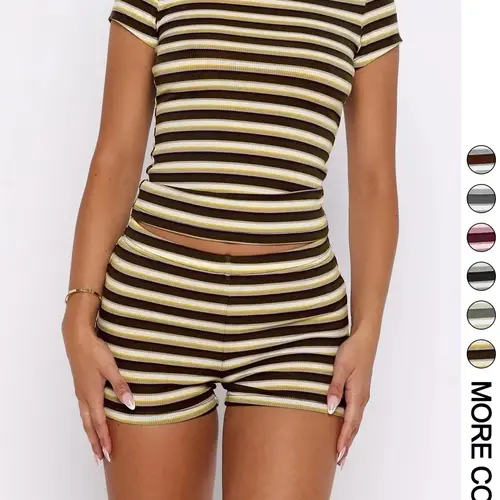 Women's Summer Olive Striped Casual Slim Fit Chic Matching Two-Piece Set, Round Neck Short Sleeve Top + High Waist Mini Shorts