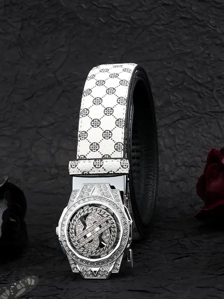 Men's Business Waist Belt with Rotating Dollar-Sign Automatic Buckle, Sparkling Western-Style Belt for Casual and Daily Wear, Business Fashion Belt