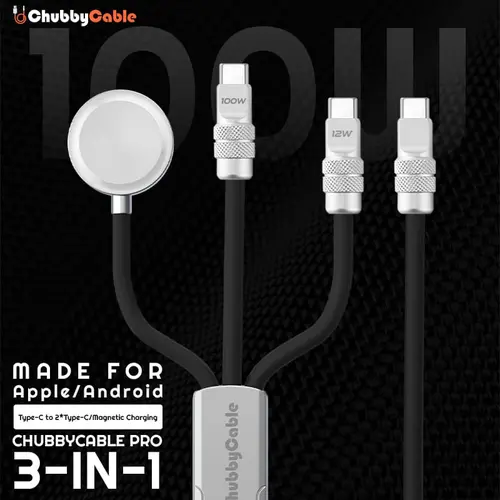 ChubbyCable Tri-Flex 100W Max 3-in-1 Fast Charging Cord - 4.1 ft Length Aluminium Core, Soft Silicone, Type-C to C, Magnetic Watch Charger for Smart Watches, Mobile Smartphones, USB Android Devices
