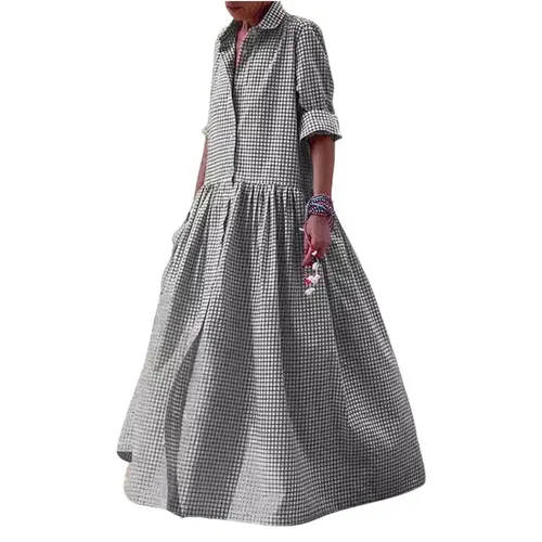 Chouyatou Women's Vintage Plaid Shirt Dress Loose Long-Sleeved Checkered A-Line Maxi Dress