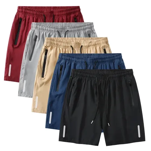 Men's 5-Pack Polyester Blend Elastane Above-the-Knee Fitted Shorts - Adjustable Drawstring Waist, Zip Pockets, Printed Design, Regular Fit, Chic Look, Summer Menswear for Daily Wear & Commuting