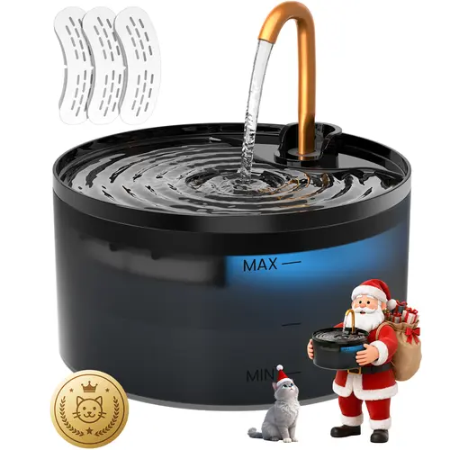 MISFANS 2.1L B13 Silent Cat Water Fountain - Ultra-Quiet Copper Spout, Soft Blue Night Glow, 6-Layer Filter Care, Odor-Cut Carbon, Coconut Shell Activated Carbon, Filter Sponge, Matte Black Design, Automatic Gravity Feeder, Easy to Use & Clean