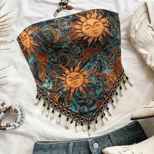 Women's Vacation Knit Print Beaded Halter Top, Chic, Perfect for Parties, Afternoon Tea, Bohemian Style,  all seasons Wear