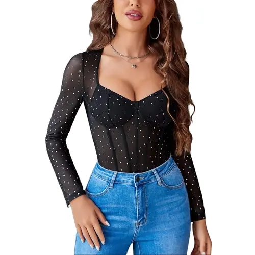 Avidlove Women Long Sleeve Bodysuit Sparkle Body Suits Top Mesh One Piece Leotard Shirt Going Out Tops Fall Outfits S-XXL Basic Womenswear Blazers Bottom Corset Elegant Jacket Matching Polyester Sheer