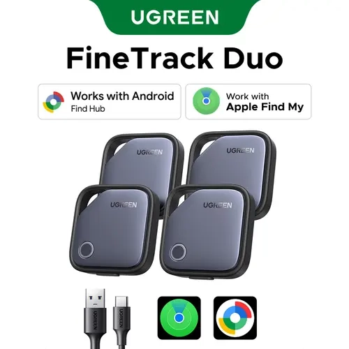 UGREEN Finder Duo (iOS and Android) Air Tracker Tags 4 Pack, 1-Year USB-C Rechargeable Battery Bluetooth Tracker Compatible with Apple Find My or Find Hub App, Item Finder Smart Tag for Key Luggage,tiktokshopfalldealsforyou