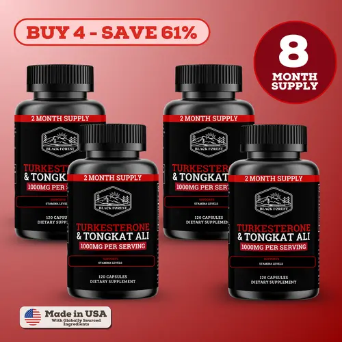 Black Forest Turkesterone & Tongkat Ali Herbal Stamina Supplements for Adults, Vegan Vitamins, 4 Bottles (480 Capsules), 1000mg Per Serving, 8-Month Supply, Third-Party Tested Natural Formulation for Fitness & Lean Muscle