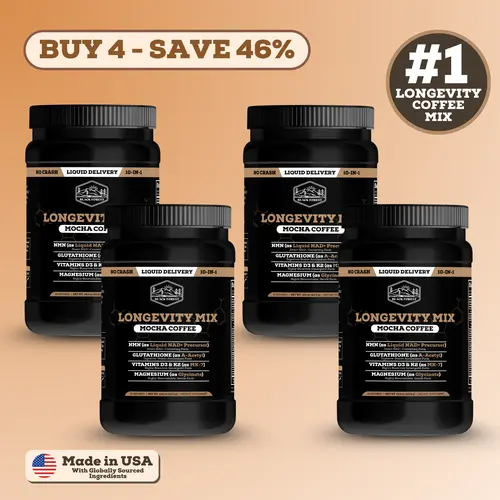 Longevity Coffee Mocha Instant Supplement Beverage (4 Bottles, 120 Servings) - NMN, Glutathione Powdered Supplement Drink Mix, Magnesium Glycinate, Vitamins D3,C,K2,B12, Cocoa - Gluten-Free, Sugar-Free, Non-GMO, Memory and Focus Energy Boost
