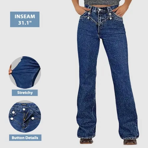 Flamingals Women's High-Rise Bootcut Jeans, Stretch Denim with Wash Button Decor Womenswear Bottoms 31.1" Inseam
