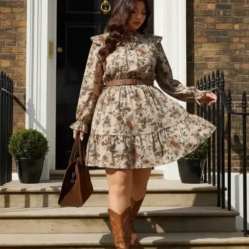 Plus Size Floral Print Dress with Fringe Ruffled Long Sleeve, Ruched Waist Design, Casual Boho Fit & Date Night, Elegant Women's Clothing, Womenswear, Tassel
