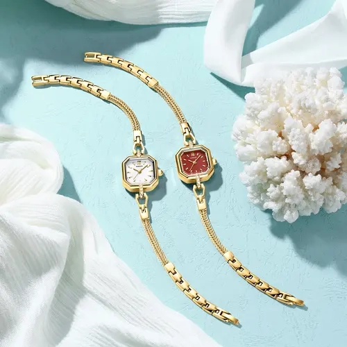 NIBOSI Women's Elegant Analog Gold Alloy Quartz Fashionable Stylish Watch - 20g, 30M-50M Water Resistance, Clasp Closure, Party/Daily Wear, Birthday Gift with Retro Square Dial Flower Bracelet Gift Set for Women