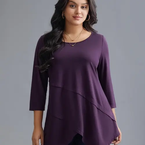BloomChic Asymmetrical Hem Overlap Long T-shirt 【M-6XL】