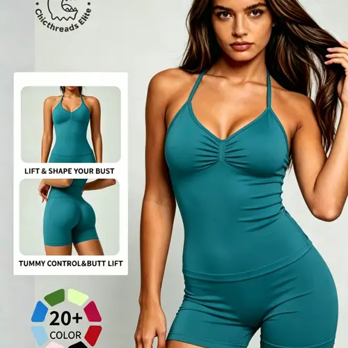 Women's All-Season Sporty Yoga Set, Halter Top and High-Waisted Shorts, Slimming Festival Wear, Perfect for Gym and Parties, Gym Yoga Outfit, Athletic Yoga Set, Women Workout Clothes