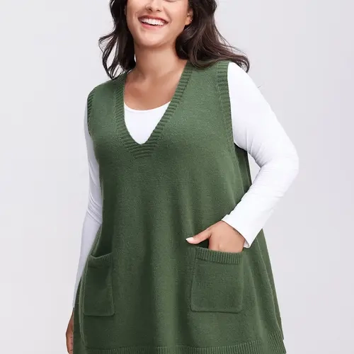 BloomChic A-Line Pockets V-Neck Pullover 【M-6XL】