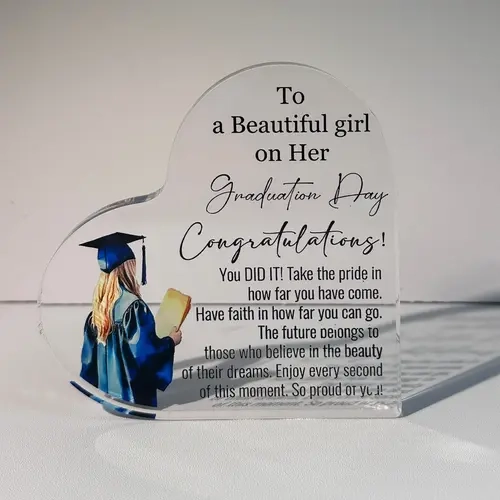 Premium Acrylic Heart Shape Graduation Sign - 3.94x3.94", 0.4 Inch Thick, 1-Piece Pre-Printed Plaque, Transparent with Peel Film for Shine, Sturdy Stable Design, Tabletop/Wall Decoration, Graduate Gift, Home Supply