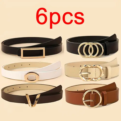 SHIFFRINKEN Women's 6-Piece Adjustable PU Leather Waist Belt Set - Alloy Buckle Details, Assorted Solid Color, Color-Coordinated Accessories for Adult Females, Daily Commuting, Adjustable Belt