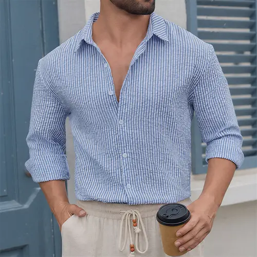 Zaitun Menswear Men's Long Sleeve Soft Striped Textured Polyester Fabric Shirt - Breathable Outfits, Button-Front, Fitted, Thin, Stylish, Minimalist, Elegant, Versatile Male Tops for Casual Polished Look