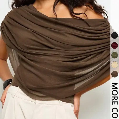 Women's Brown Off-Shoulder Draped Blouse - Sheer Asymmetrical Top for Office & Casual Outings | Elegant Trendy Chic Quiet Luxury, Viral TikTok Top