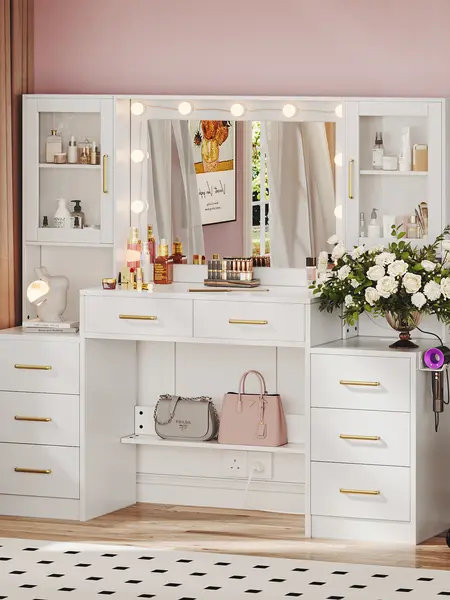 58.3”Vanity Desk with Mirror and Replaceable Lights & Charging Station,Bedroom Dressing Table,Large Vanity Set,8 Drawers and 2 Cabinets,Makeup Vanity Table with Charging Station,Without Stool