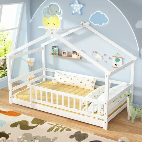 Modern Pine Wood Montessori Bed for Toddlers - Twin Size Kids Indoor Furniture Bedroom Frame with Safety Rails, Plain Finish Playhouse Roof, Easy Assembly, DIY Customizable