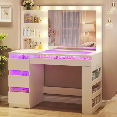 【Summergarden】LED Vanity Desk, Stylish Glass-Top Drawer-Style Makeup Vanity with LED Lighted RGB Mirror, 4 Transparent Drawers, Built-In Power Outlet, 3-Tier Side Shelves for Bedroom