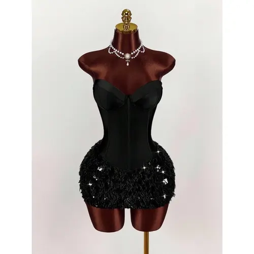 Women's Bustier Patchwork Faux Fur Hem Fitted Fashionable Mini Dress, Birthday Party Dress, Christmas Party Dress
