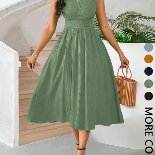 Women's Comfortable Minimalist Sleeveless Textured Ruched Dress Business Casual Dresses for Office Wear, Casual Wear & Summer Events