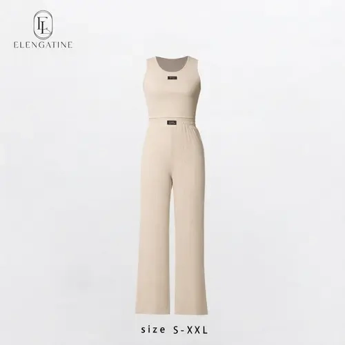 Elengatine Women's 2 Piece Sets - Lightweight Ribbed Crop Tank Top, Elastic High-Waisted Wide Leg Pants Women Set, Quick On Easy Flex Drawstring Waist Stretchy Fabric Trending Clothing Lounge Tracksuit (ODM0086, ODT0117)