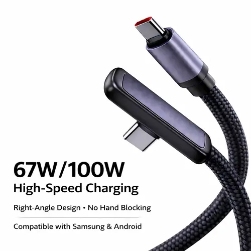 90-Degree Right Angle Braided USB-C to C Cable (6.6 ft Length, 6.6ft Reach, EU Plug Type) – 100W/67W Fast Charging Cable for Gaming Users, iPhone 17 Pro Max, Samsung S25, iPad, Less Tugging Support techvibes