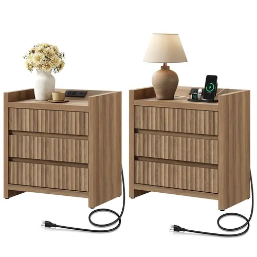 SICOTAS 2-Table Set Mid-Century Modern Nightstands, FSC Certified 26" Tall Fluted 25.4" Wide Top 3-Drawer Bedroom Furniture with 4-Port Power Hub (2 AC Outlets, USB-C, USB-A) for Sofa Side Use