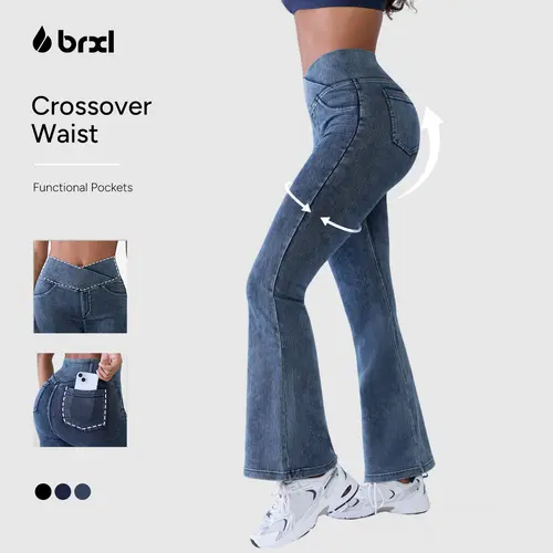 BRXL Women's High-Waisted Stretchy Crossover Denim Bottoms - Fitted Flare Bootcut Sports Pants with Pockets, Women's Fashion Flare Leggings Style Streetwear, Bottom, Sports Bottoms, #hoco #falloutfits