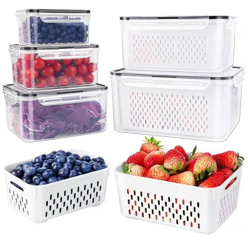 5-Pack Airtight Food Storage Organizer Set, 12 oz Transparent Plastic Stackable Canister Food Storage Containers with Removable Colander & Lid, Anti-Leak 140oz Dishwasher-Safe Kitchen Pantry Cold Lunch Produce Saver