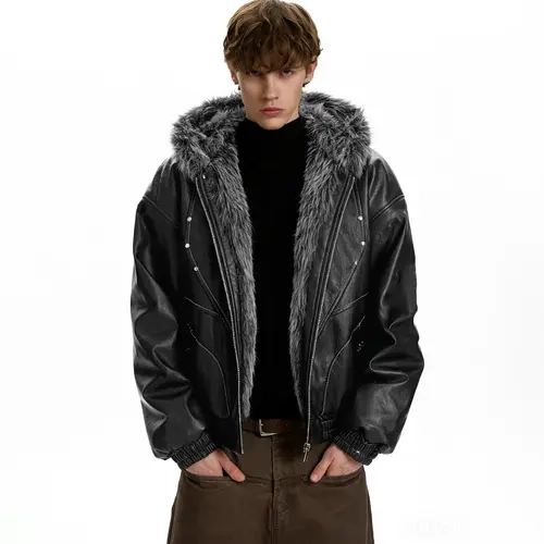 inflation Men's Retro Studded Accents Faux Leather Boxy Cropped Jacket - Pull-On Soft Plush Crisscross Unique Niche Design Top, Coats for Casual Streetwear Clothing & Fashion Statements