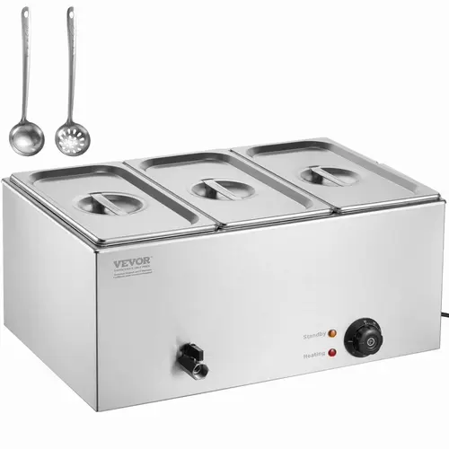 VEVOR 3-Pan Commercial Electric Food Warmer - 17.4 QT Capacity, 1200W Corded Stainless Steel Countertop Bain Marie, 86-185°F Temp Control, Durable Multifunction Household Appliances, Anti-Dry-Burn Auto Cut-Off for Serving Soups Sauces Stews