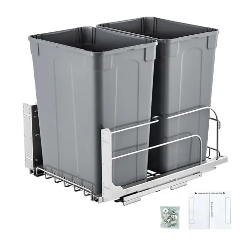 【Fallpicks】VEVOR Under-Mount Double Pull-Out Cabinet Trash Storage Can Organizer, 70 QT Total (2x35 QT) Heavy-Duty Bins, Smooth Soft-Close Slides, Door-Pull Access, Door Kit, Easy Installation, Wear-Resistant Frame, Grey Home Organizer